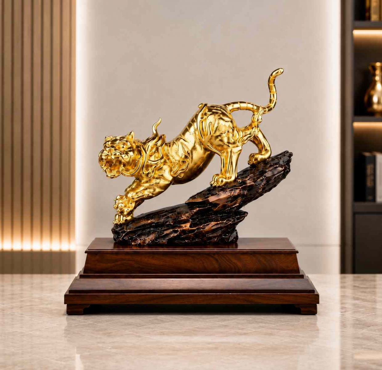 Tượng hổ mạ vàng cao cấp để bàn trên đế gỗ sang trọng