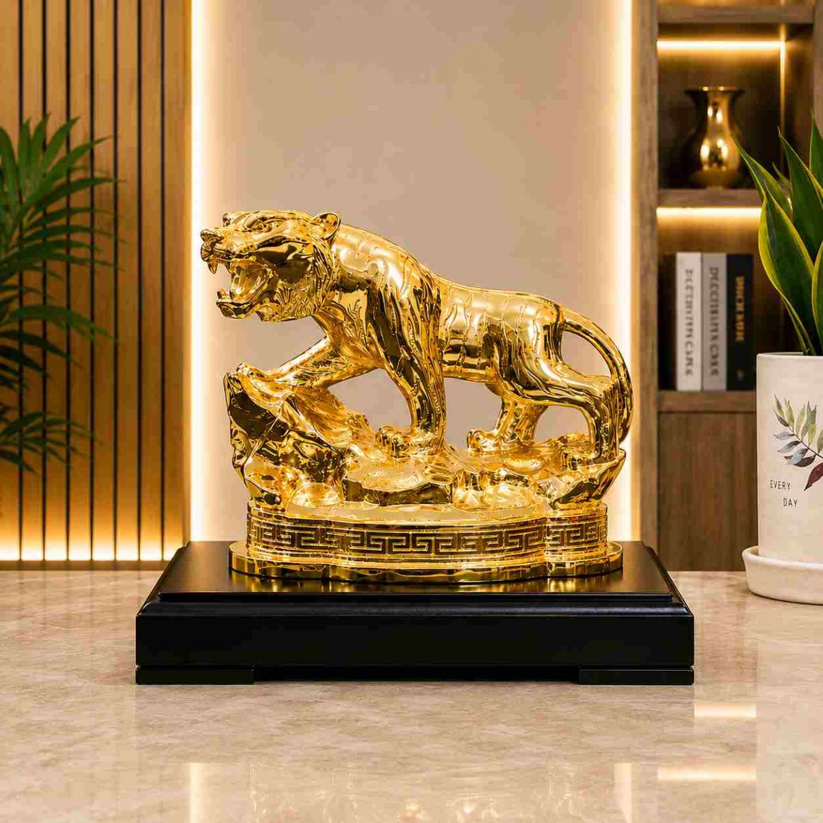 Tượng hổ mạ vàng cao cấp trên đế đen, trưng bày trong không gian nội thất sang trọng.