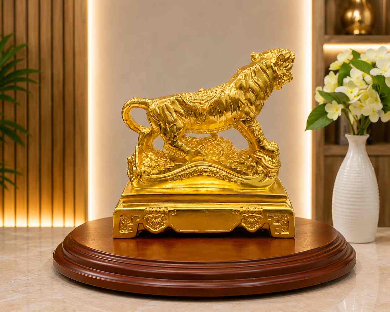 Tượng mãnh hổ mạ vàng phong thủy cao cấp trưng bày trên đế gỗ sang trọng
