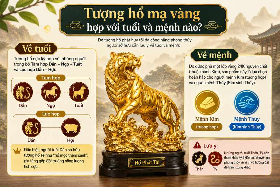 Tượng hổ mạ vàng phong thủy hợp tuổi Dần, Ngọ, Tuất, Hợi và người mệnh Kim, mệnh Thủy.