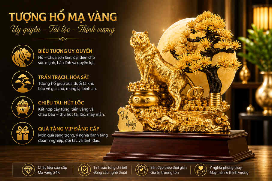 Tượng hổ mạ vàng cao cấp phong thủy, biểu tượng uy quyền, tài lộc và thịnh vượng