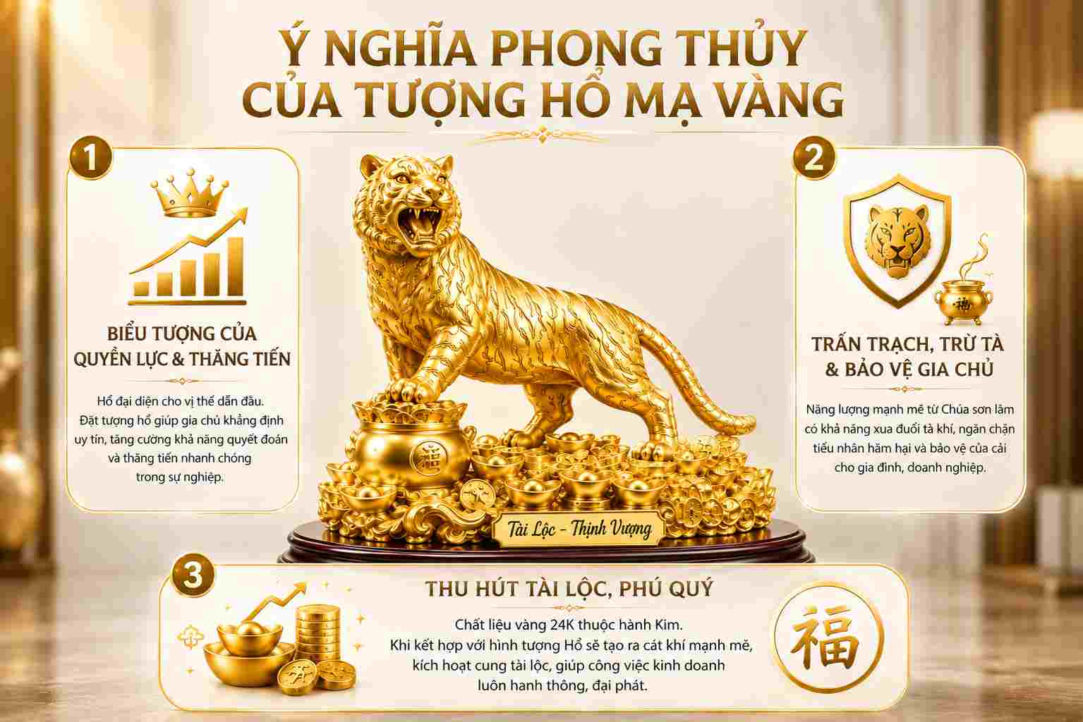 Ý nghĩa phong thủy của tượng hổ mạ vàng – biểu tượng quyền lực, trấn trạch và thu hút tài lộc.