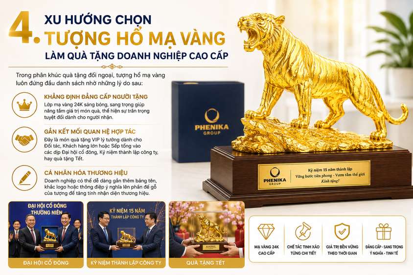 Tượng hổ mạ vàng 24K cao cấp làm quà tặng doanh nghiệp, đối tác, khách hàng và sếp