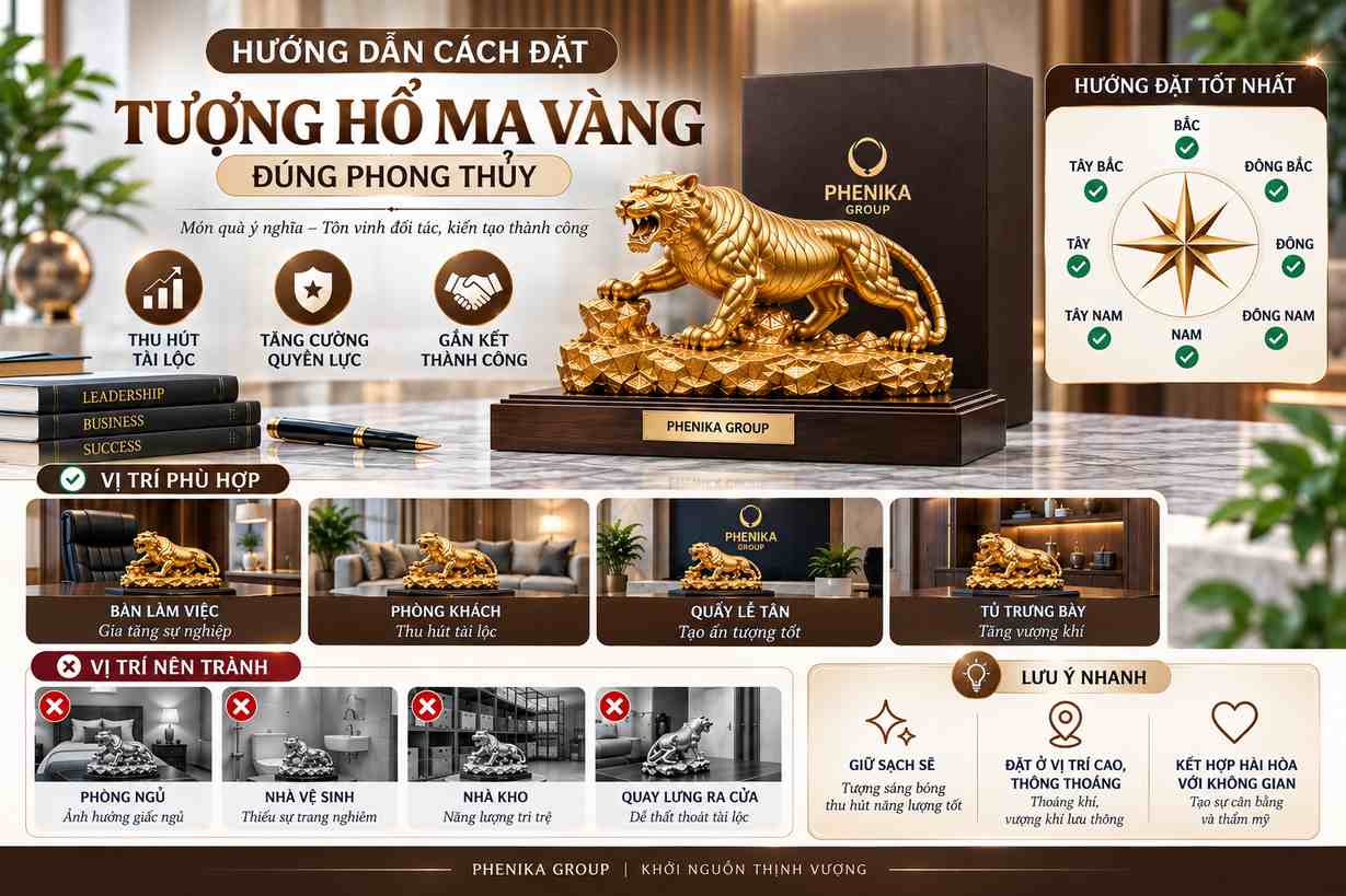 Hướng dẫn đặt tượng hổ mạ vàng đúng phong thủy, thu hút tài lộc và tăng vượng khí.