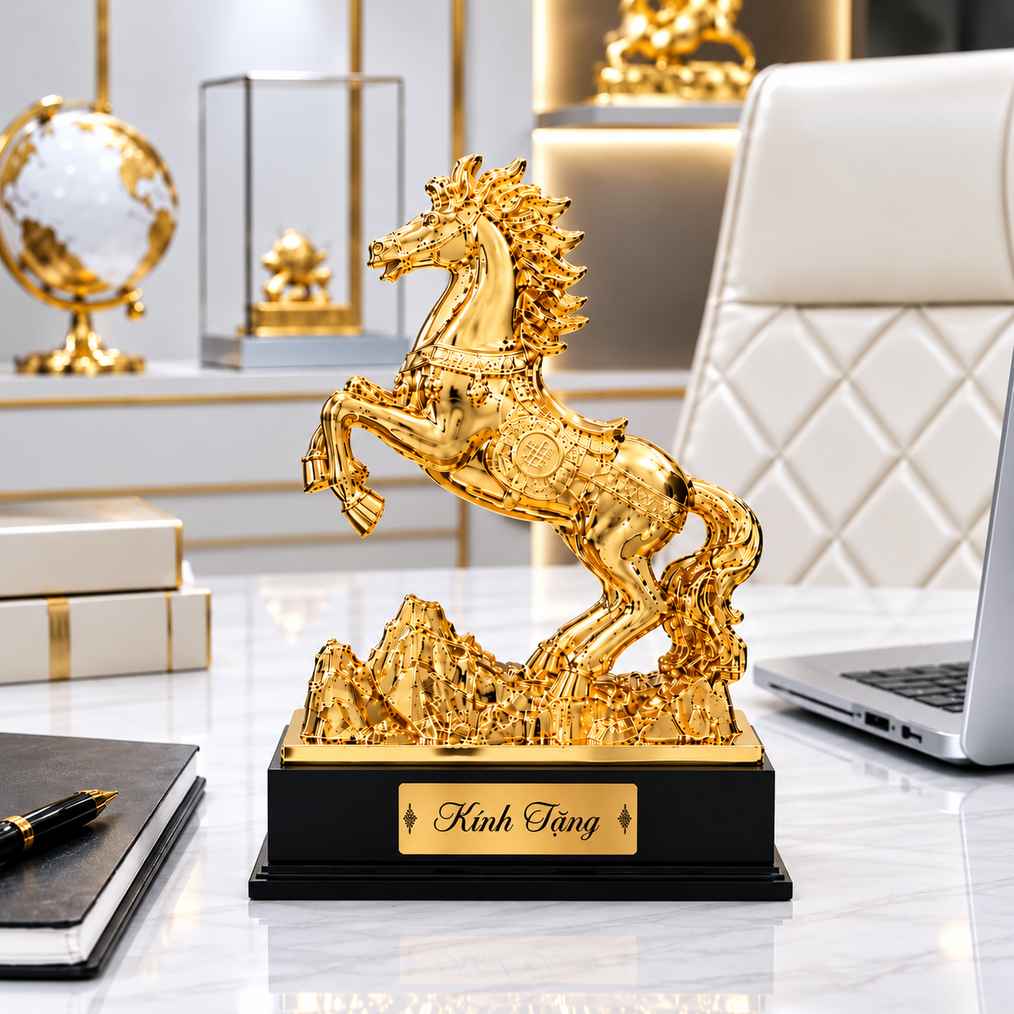 Tượng ngựa mạ vàng phong thủy cao cấp trên đế đen khắc chữ Kính Tặng. Tượng ngựa mạ vàng phong thủy cao cấp trên đế đen khắc chữ Kính Tặng.