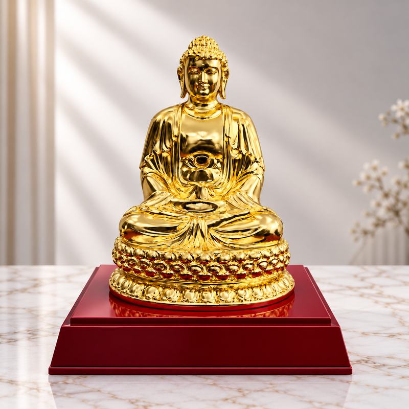 Tượng Phật mạ vàng cao cấp ngồi thiền trên đế đỏ sang trọng. Tượng Phật mạ vàng cao cấp ngồi thiền trên đế đỏ sang trọng.