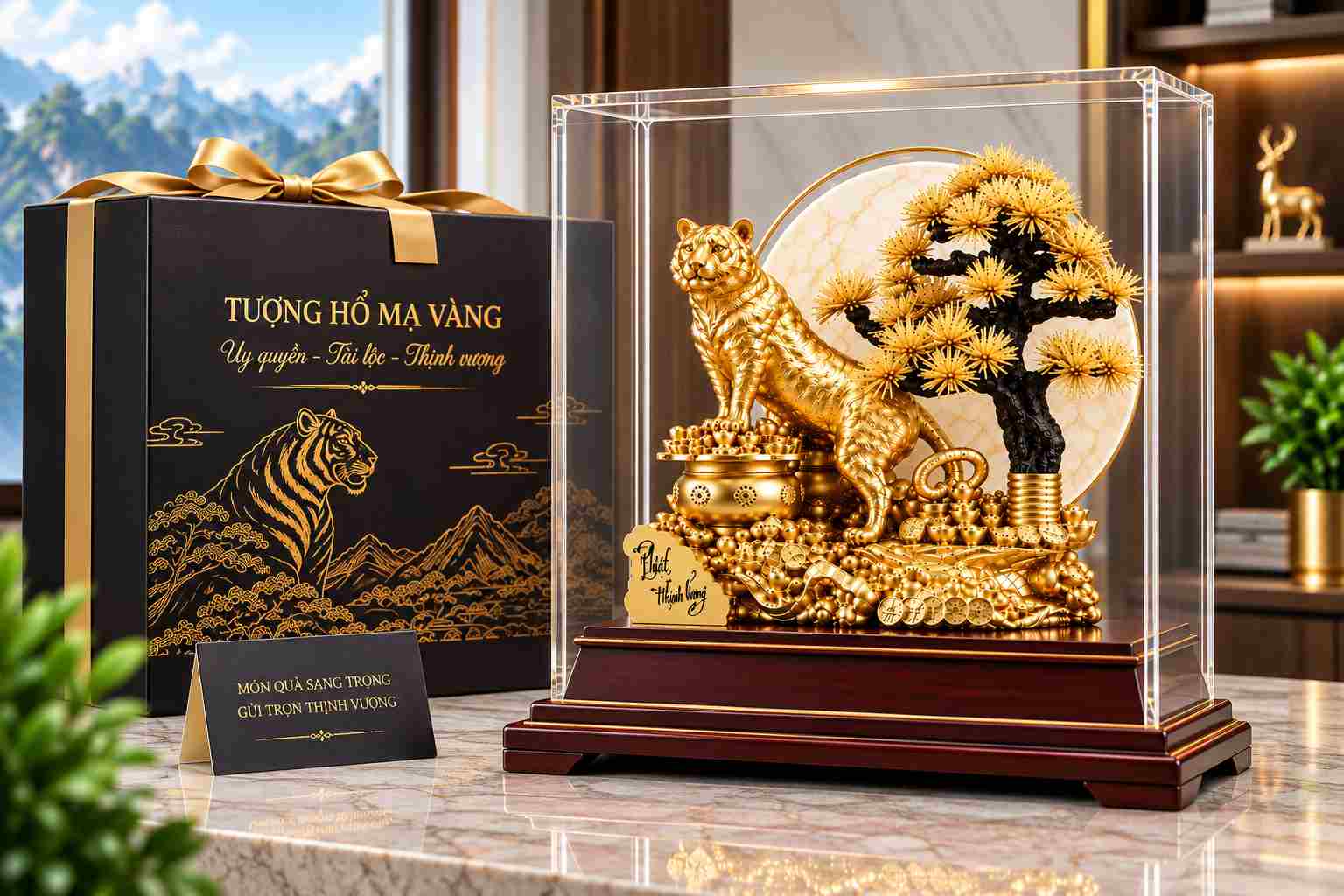 Tượng hổ mạ vàng cao cấp trưng bày trong hộp mica sang trọng kèm hộp quà.